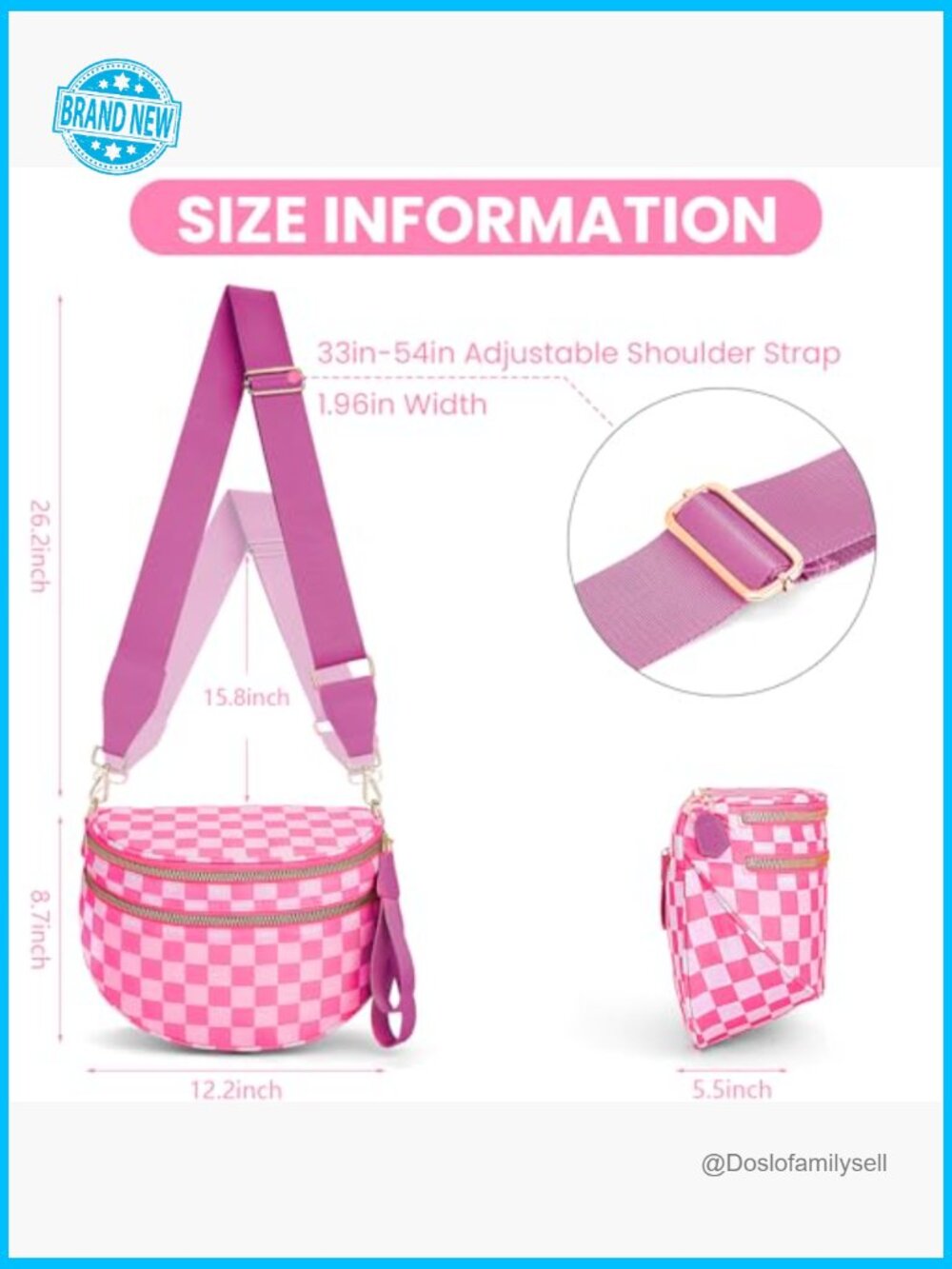 Checkered Nylon Crossbody Bum Bag Adjustable Strap Travel Everyday Purse - Picture 5 of 7